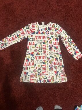 Hanna Andersson Cream Dress with Red, Green, Blue & Yellow Holiday Print